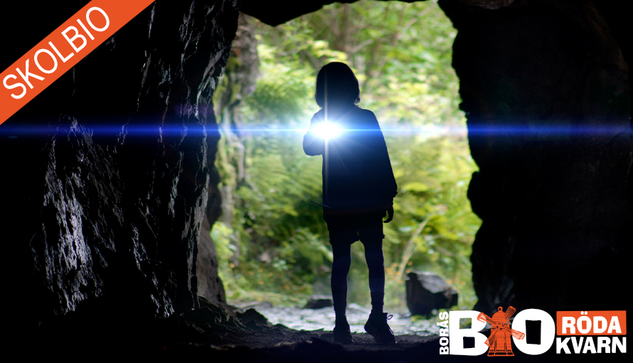 Fotografi på ett barn som står och lyser med ficklampa i en grottöppning.